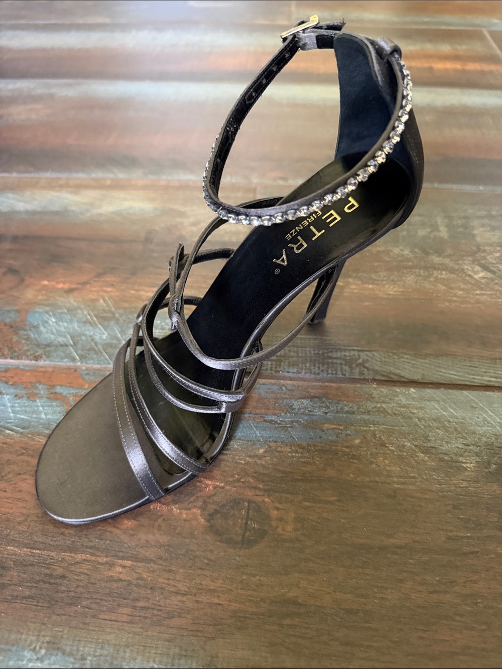 Vintage Petra Firenze Charcoal Grey Strappy Rhinestone Ankle-Strap Heel Size 7.5